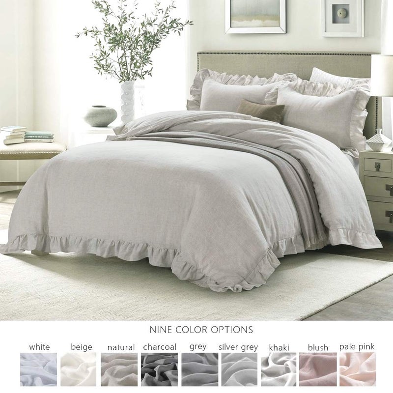 MEADOW PARK 100% Stone Washed Linen Duvet Cover Set 3 Pieces, Queen Size 90 inches x 92 inches, Shams 20 inches x 26 inches, Ruffled Style, Button Closure, Corner Ties, Super Soft, Solid Natural color - Image 2